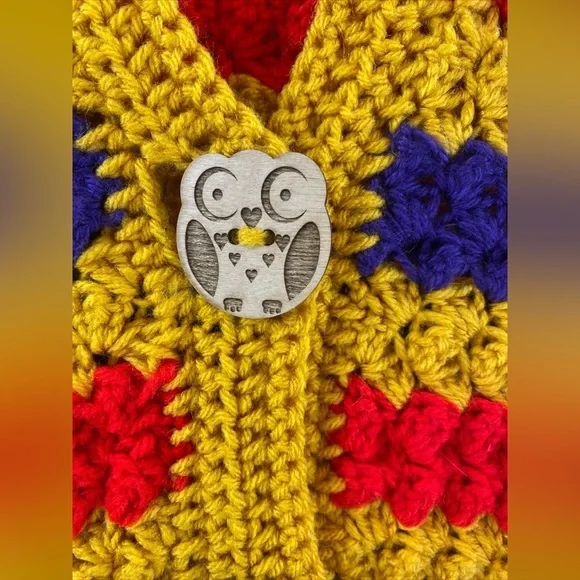 Handmade Crochet Blanket Sweater Cardigan with Wooden‎ Owl Buttons - Picture 2 of 10